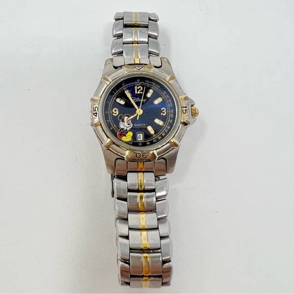 Disney Time Works Watch Stainless Steel Mickey Mouse Black Face Gold Accents - Picture 2 of 6